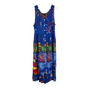 Vintage 80s Whimsical Sail Boats Fireworks Button Front Dress
